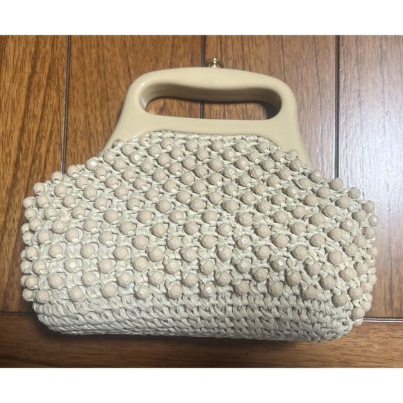 Gaymode Italy Purse Raffia Beaded Cream Beige Celluloid Handle 8” x 8” Clean - Picture 2 of 16